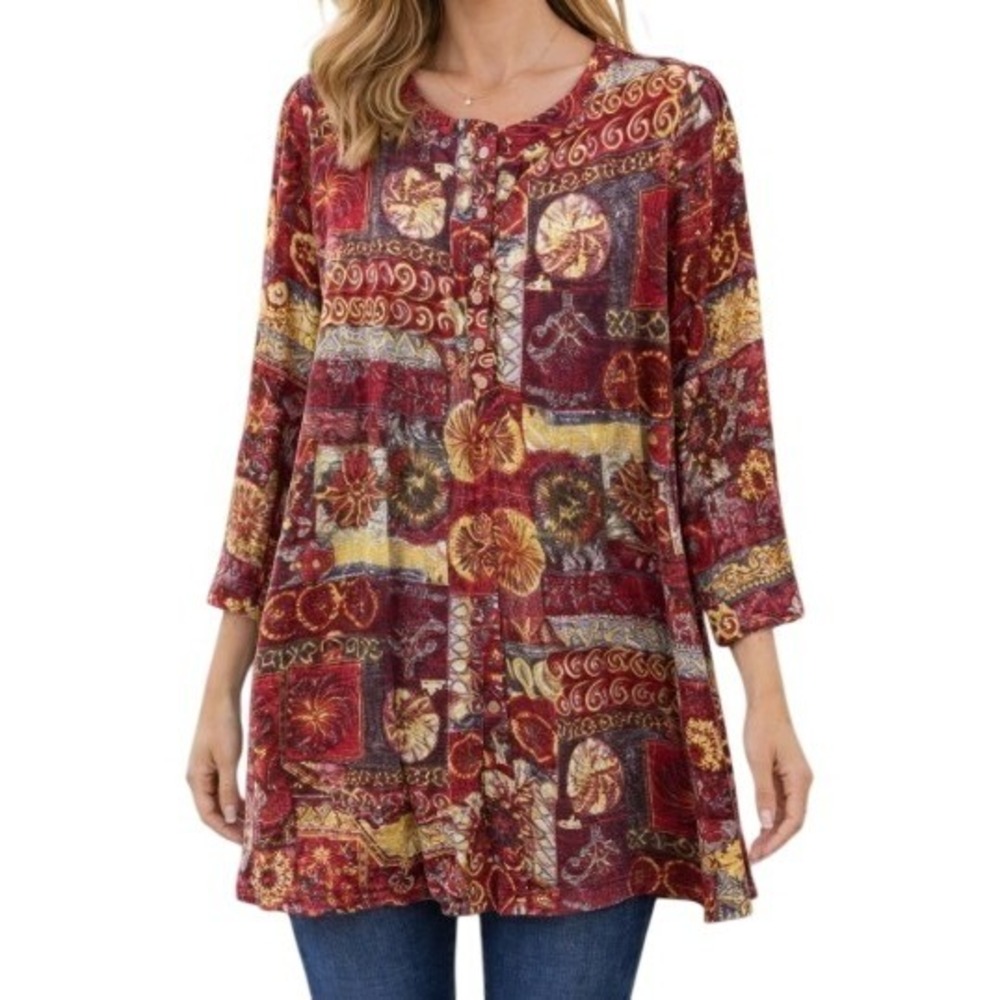 Vtg Christina Fairbanks‎ Blouse Shirt Red Multi Abstract Patchwork Lagenlook XL